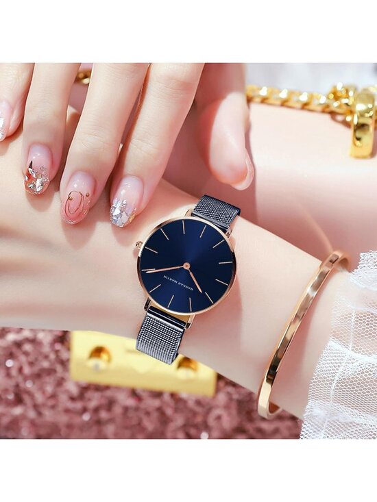 Women\'s Blue Analog Stainless Steel Mesh Strap Minimalist Slim Dial Round Watch main image 6